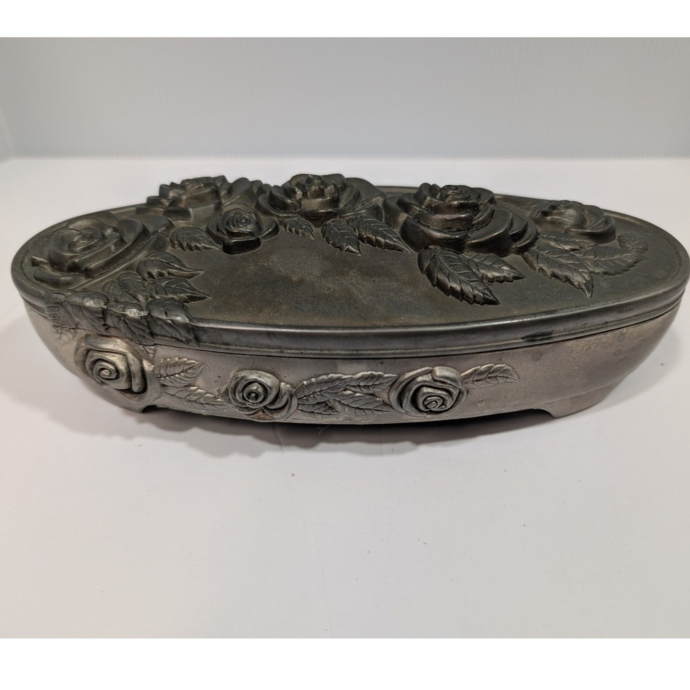 Godinger Silver Art Co Rose Jewelry Trinket Box Oval Red Velvet Lining Lid 8in